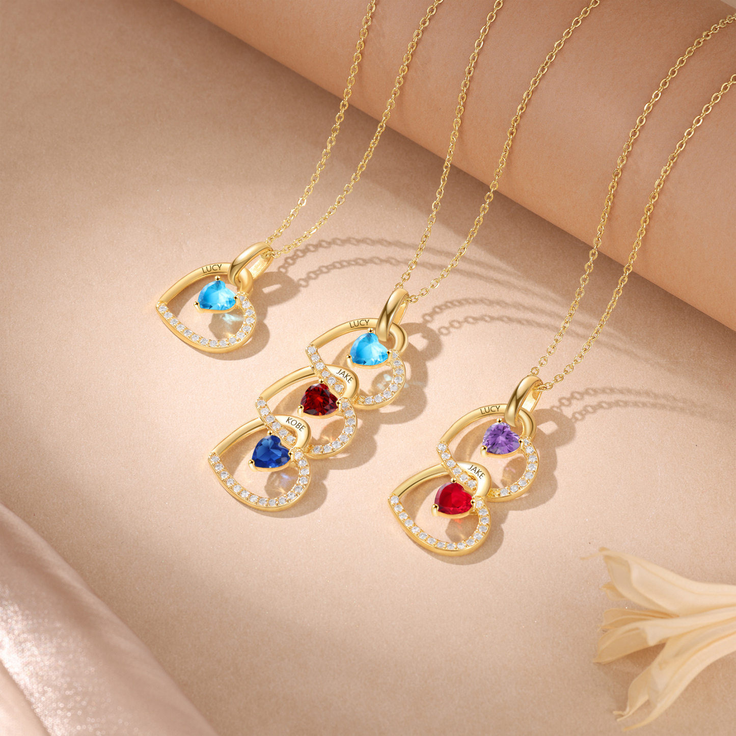 Collar corazones con 1-3 nombres personalizados y 1-3 piedras de nacimiento-Jessemade ES