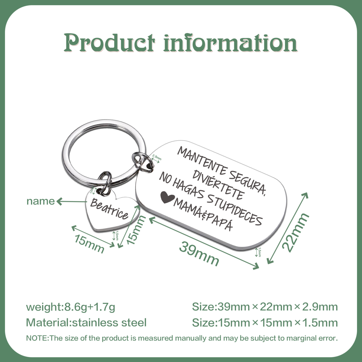 Llavero de placa "MANTENTE SEGURA, DIVIÉRTETE, NO HAGAS STUPIDECES" a hija de padres 1 nombre personalizado-Jessemade ES