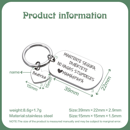 Llavero de placa "MANTENTE SEGURA, DIVIÉRTETE, NO HAGAS STUPIDECES" a hija de padres 1 nombre personalizado-Jessemade ES