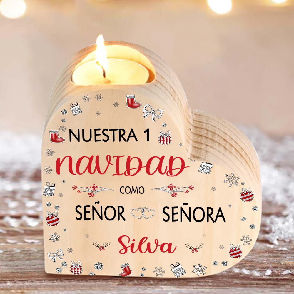 Aniversario de Navidad-Candelero de madera para pareja sin vela personalizado con apellido y número-Jessemade ES