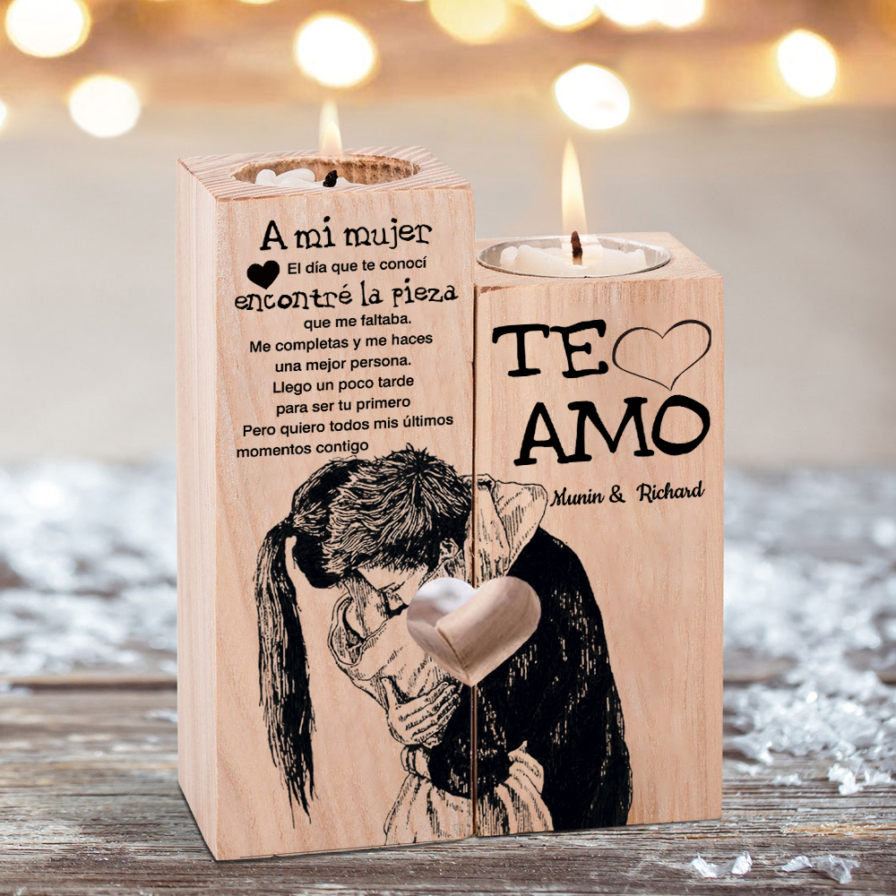 A mi mujer-Candelero de pareja abrazada de madera de dos piezas sin candela con 1 texto personalizado-Jessemade ES