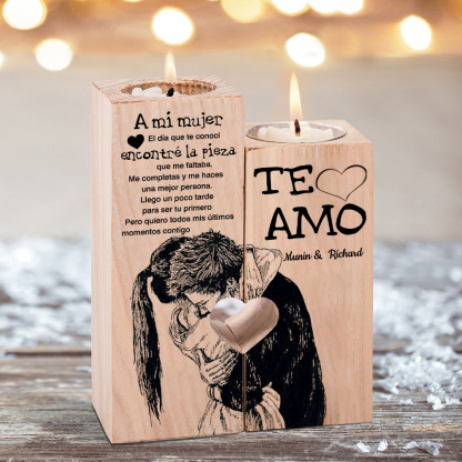 A mi mujer-Candelero de pareja abrazada de madera de dos piezas sin candela con 1 texto personalizado-Jessemade ES