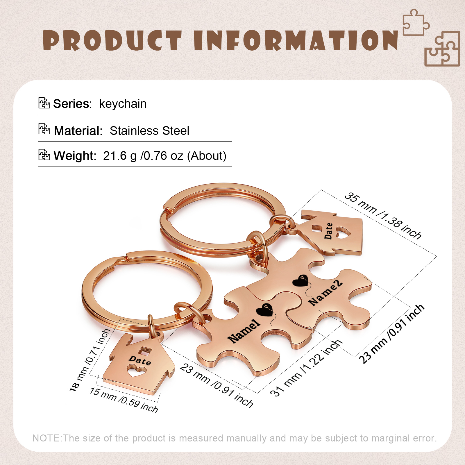 Llavero para pareja rompecabezas 2 nombres personalizados con fecha dije de casa-Jessemade ES