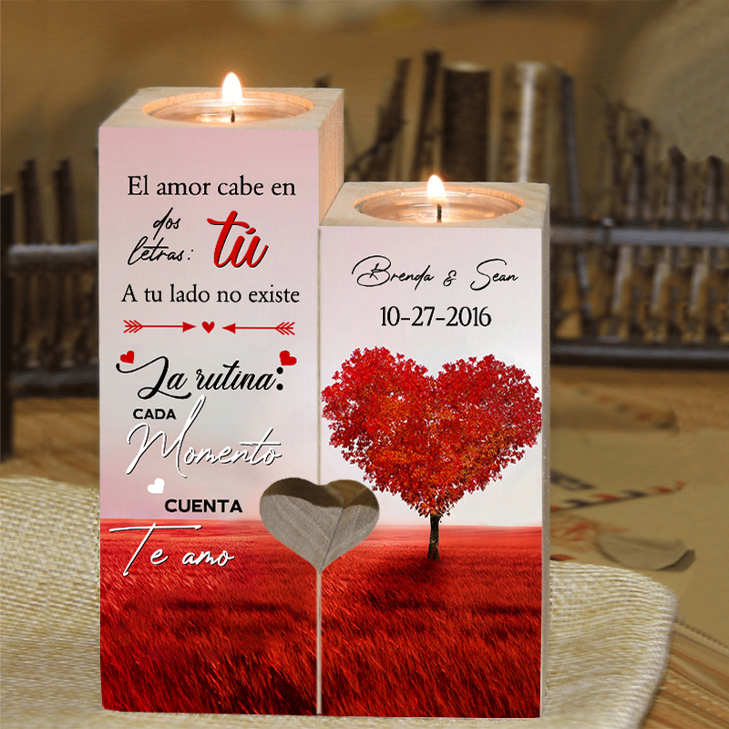 Candelero para pareja de madera de dos piezas sin candela con 2 nombres y fecha personalizados-Jessemade ES