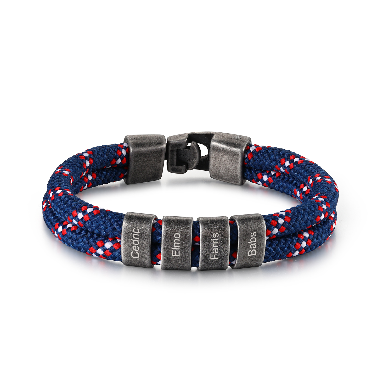 2-4 Nombres Personalizados Pulsera de Cuerda Azul Marino con Rojo y Blanco Aros de Acero Inoxidable-Jessemade ES