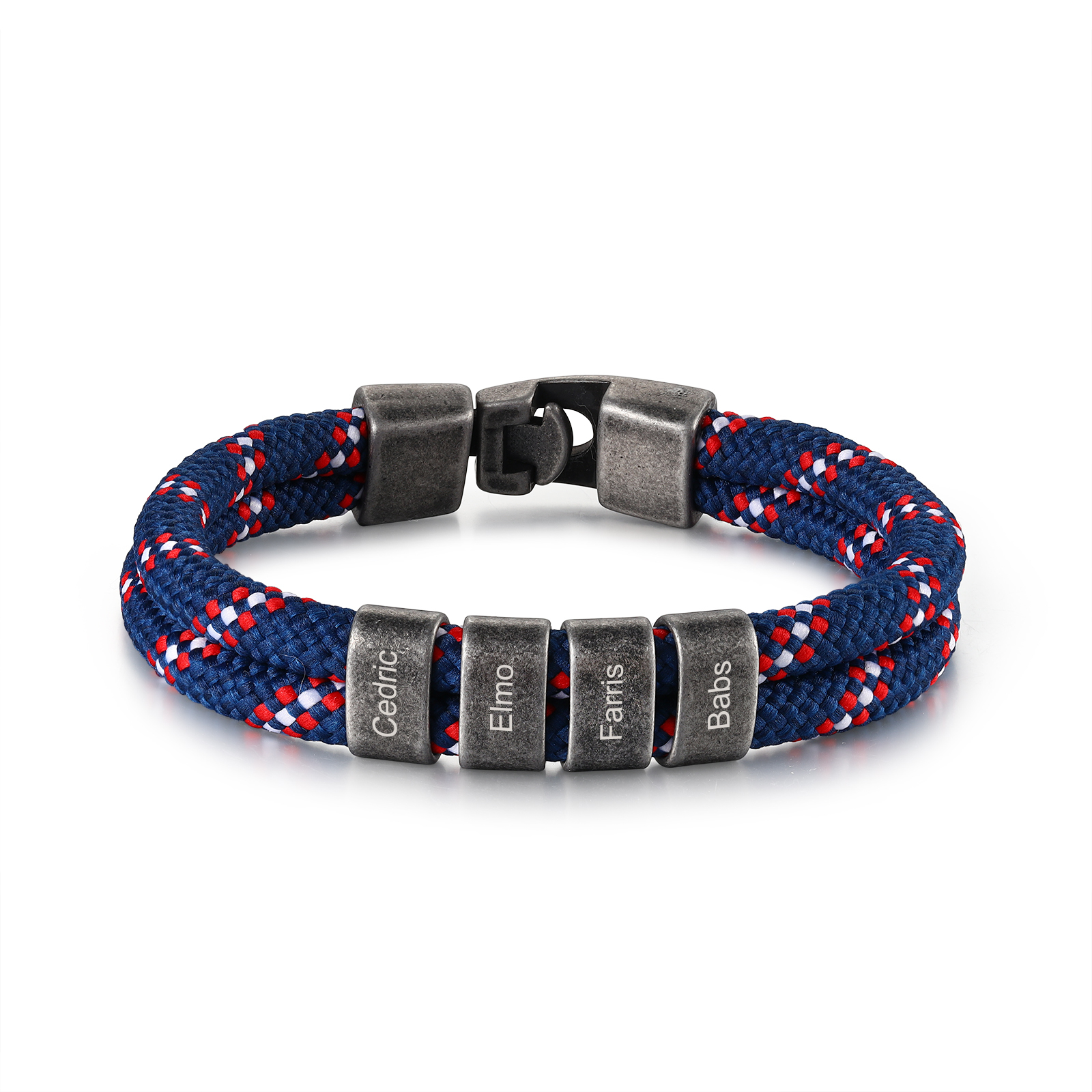 2-4 Nombres Personalizados Pulsera de Cuerda Azul Marino con Rojo y Blanco Aros de Acero Inoxidable-Jessemade ES