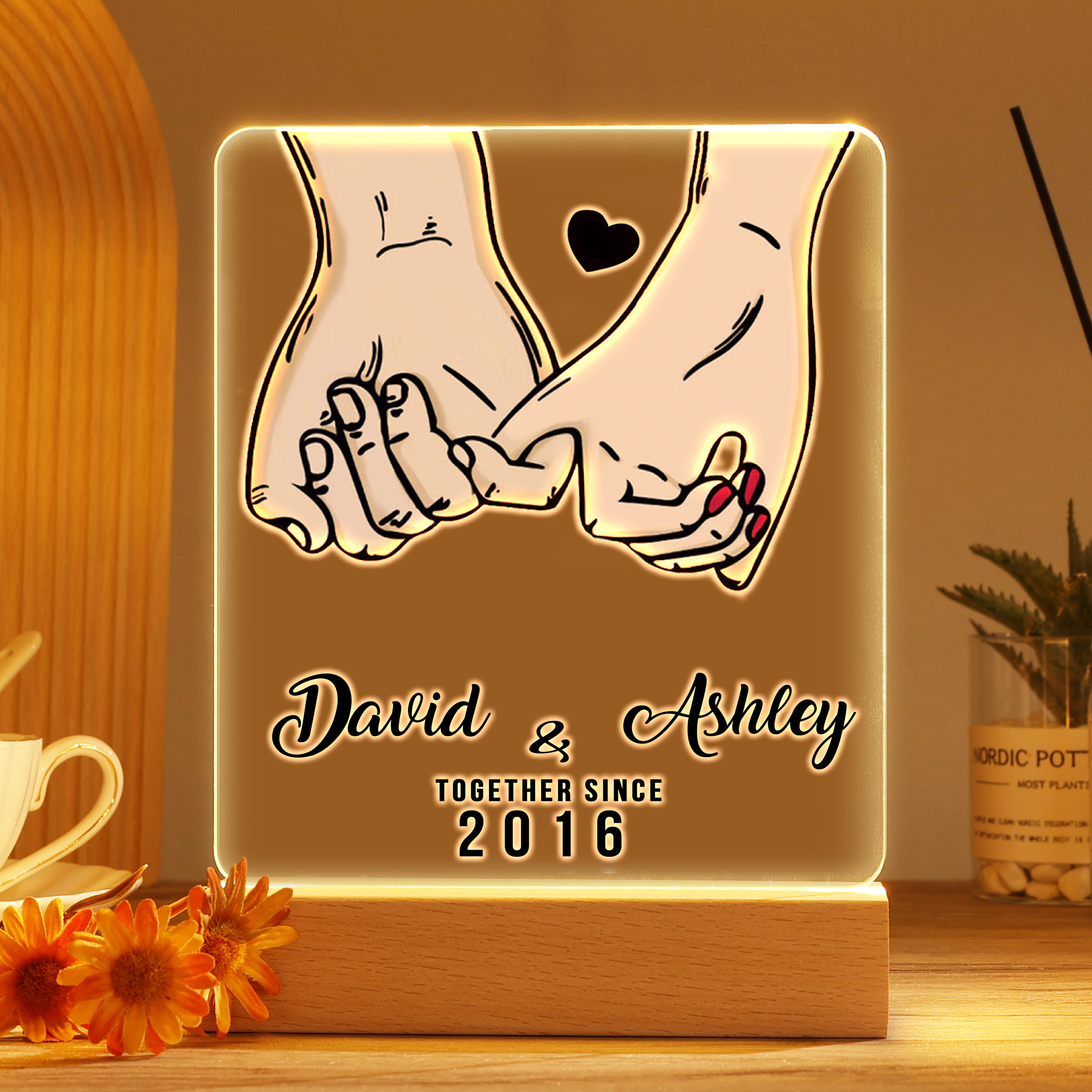 Lámpara dedos cogidos para pareja 3D Ilusión Luz de Noche LED 2 nombres, texto y año personalizados -Jessemade ES