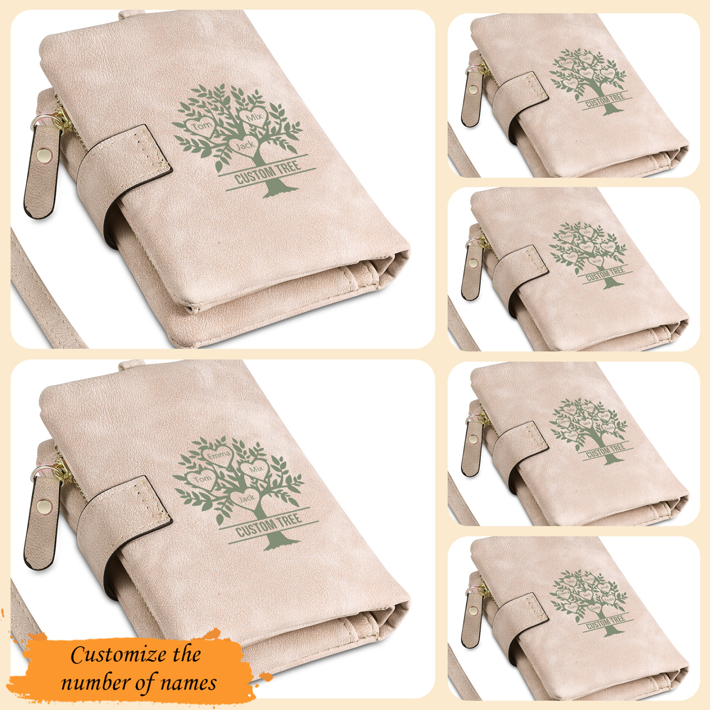 Cartera, billetera con 3-8 nombres, 1 letra y 1 texto personalizados árbol de la vida monedero clásico para mujer-Jessemade ES
