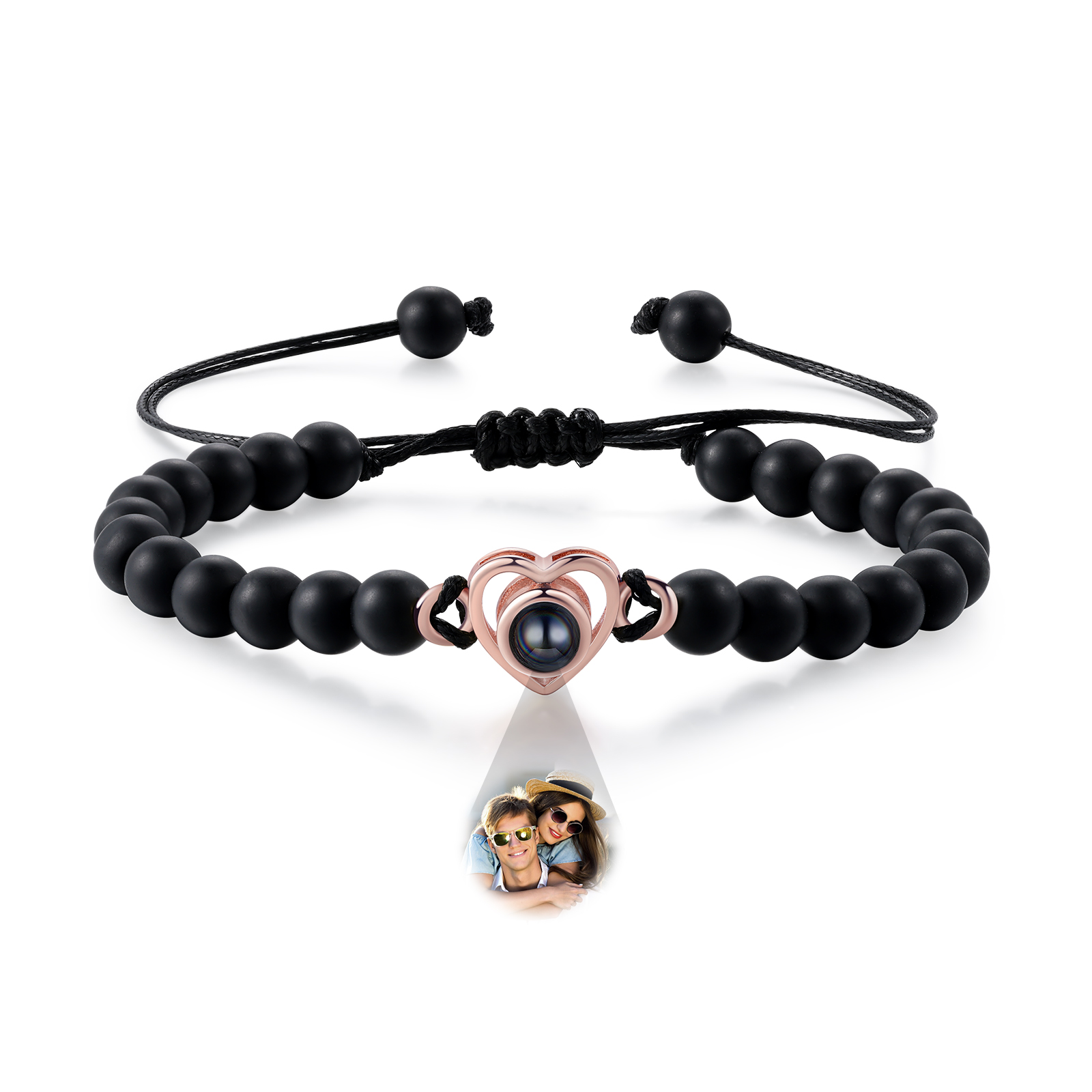 Pulsera de turquesa negra sintética con proyección de foto en color con dije de corazón pulsera ajustable-Jessemade ES