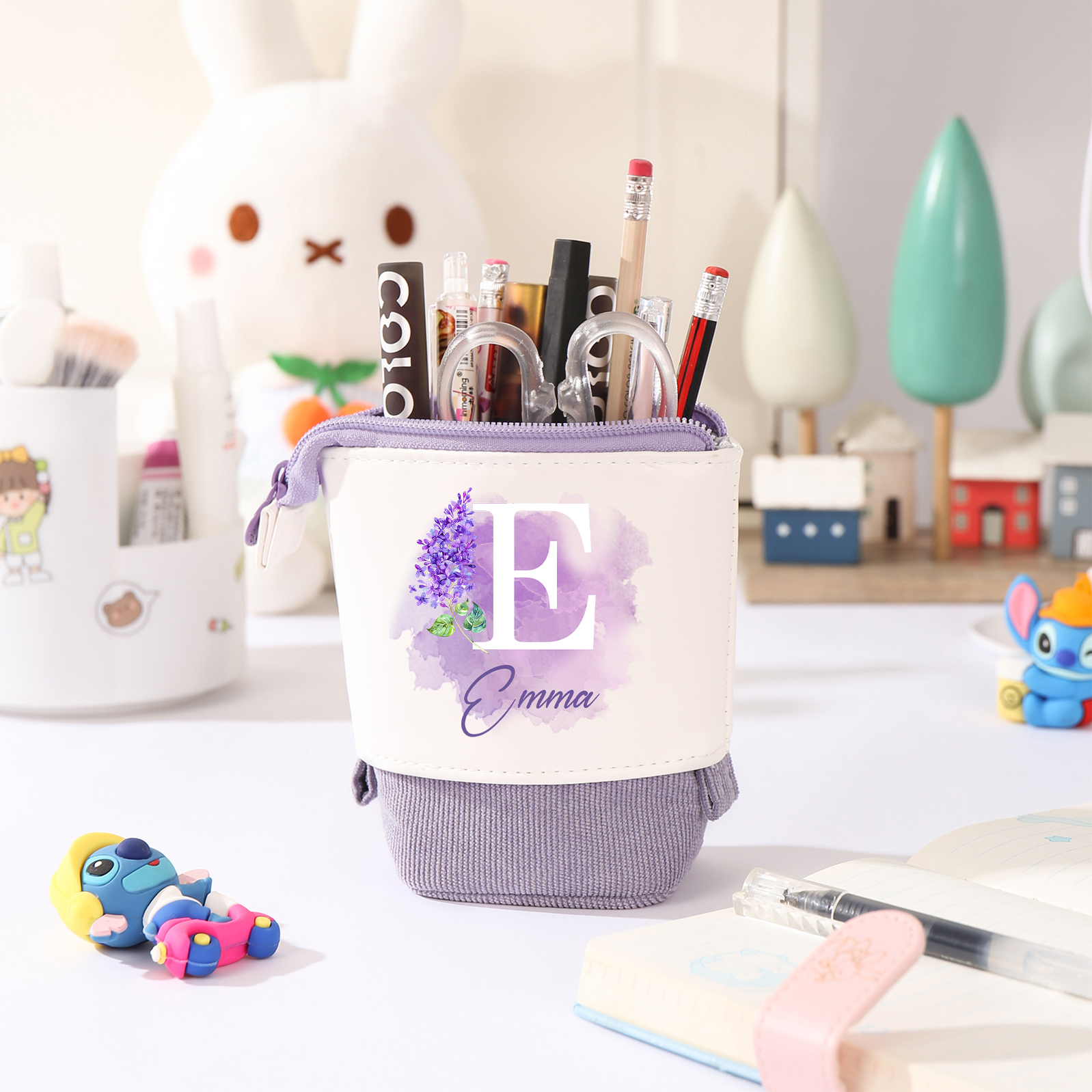 Estuche personalizado con nombre, letra y flor de nacimiento con diseños coloridos para niños