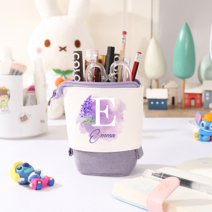 Estuche personalizado con nombre, letra y flor de nacimiento con diseños coloridos para niños