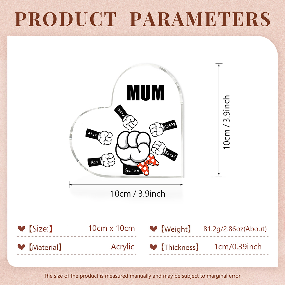 A mi mamá/abuela-Placa de acrílico "Puños" en forma de corazón 6 nombres y 1 texto personalizados-Jessemade ES
