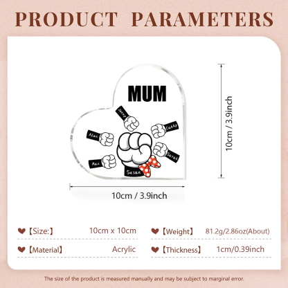 A mi mamá/abuela-Placa de acrílico "Puños" en forma de corazón 6 nombres y 1 texto personalizados-Jessemade ES