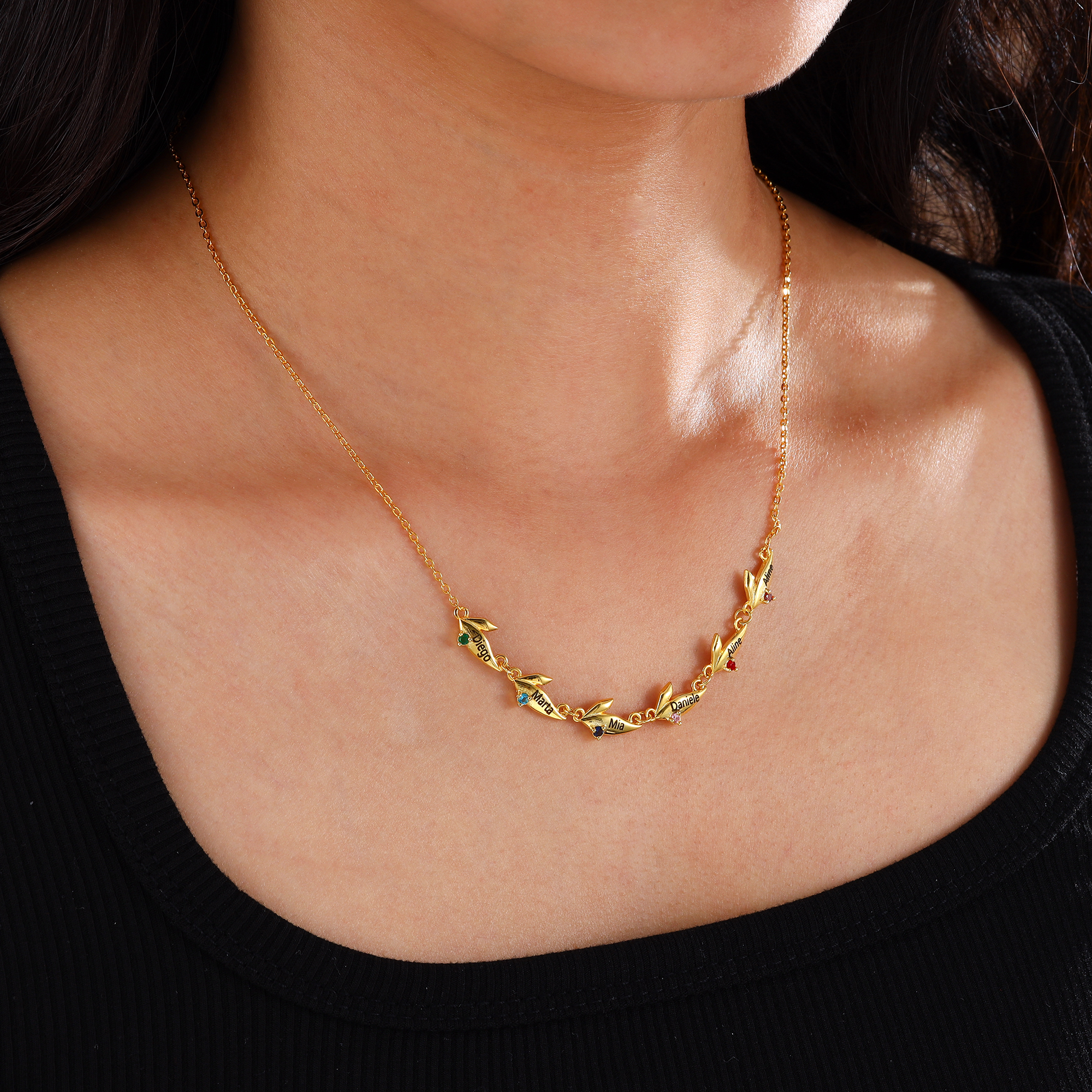Collar con colgante de hojas con 2-6 nombres personalizados y 2-6 piedras de nacimiento-Jessemade ES