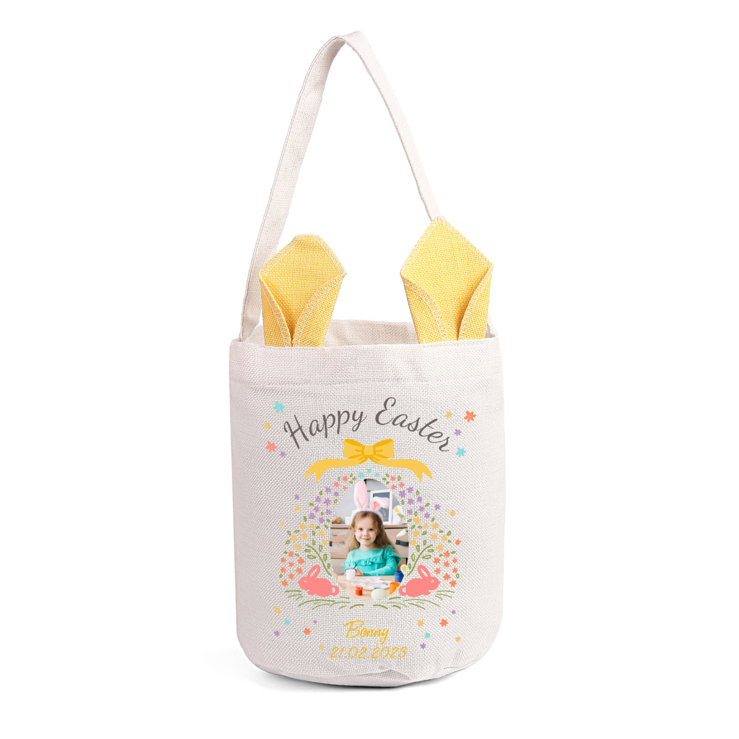 Pascua-Bolsa de conejo con 1 nombre, 1 texto, 1 fecha y 1 foto personalizados-Jessemade ES