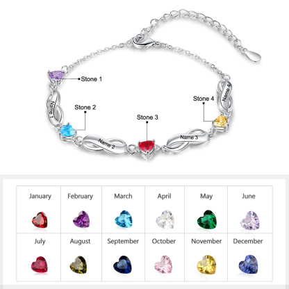 Pulsera "infinito" personalizada con 4 nombres y 4 piedras de nacimiento de corazón-Jessemade ES
