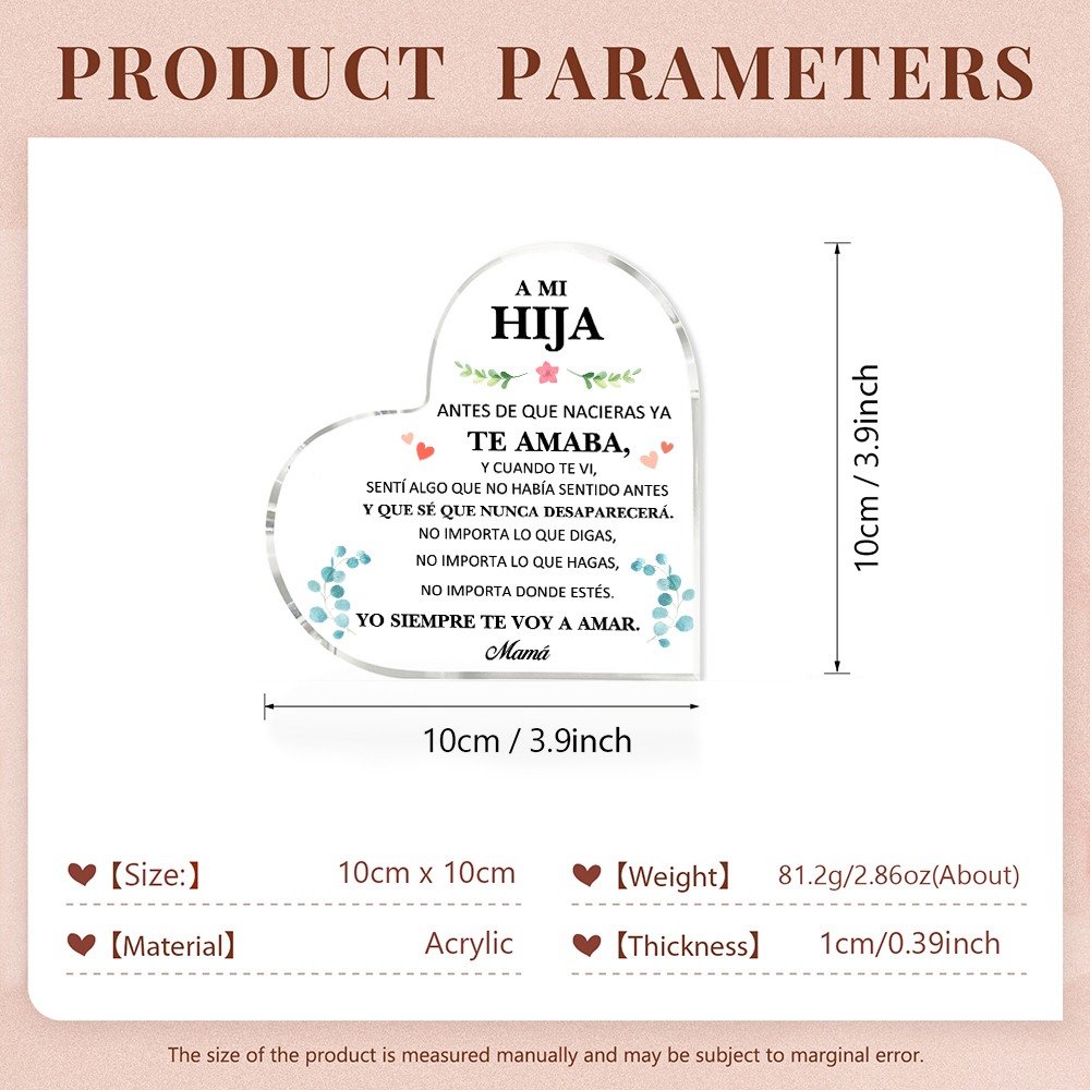 A mi hija-Placa de acrílico en forma de corazón con 1 nombre personalizado-Jessemade ES