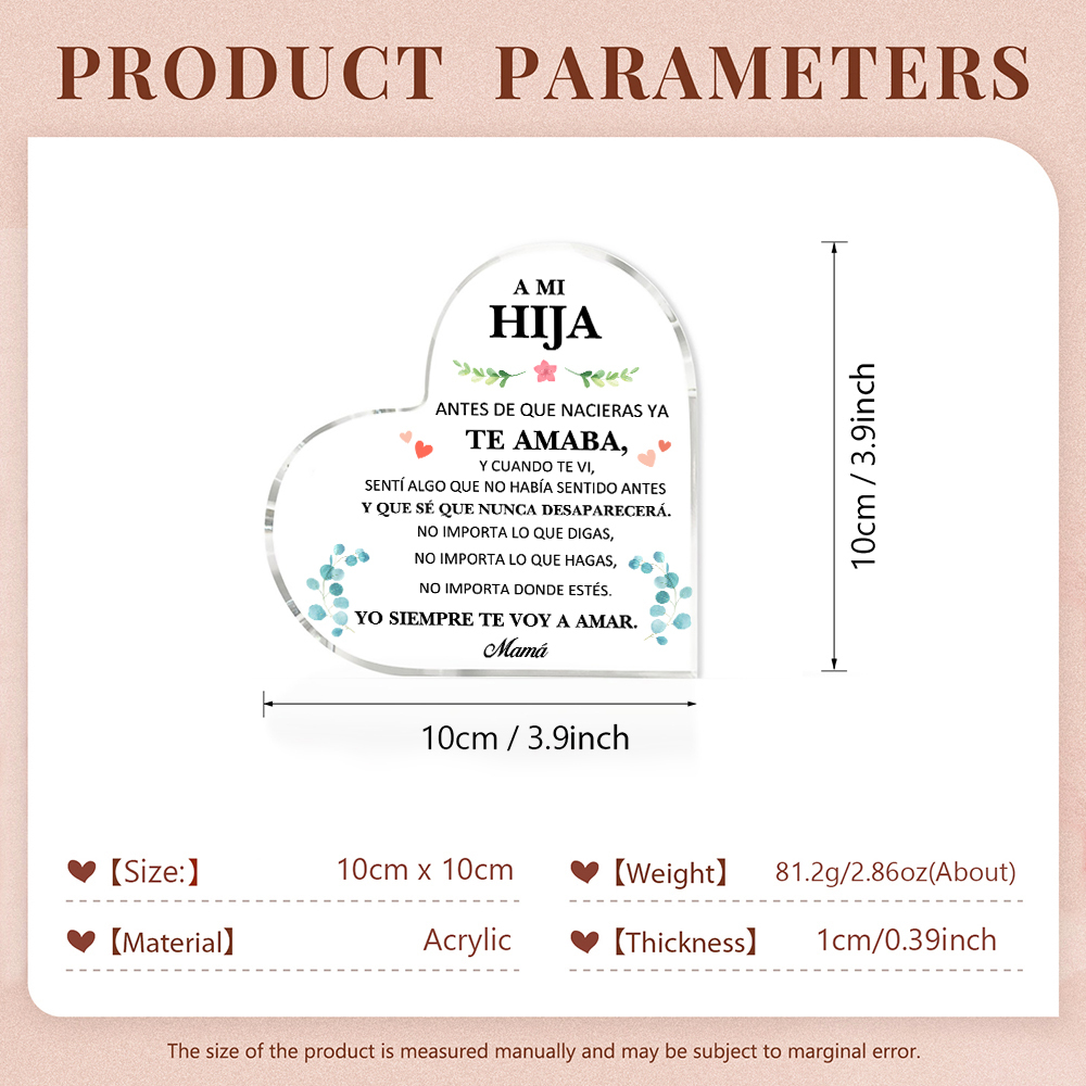 A mi hija-Placa de acrílico en forma de corazón con 1 nombre personalizado-Jessemade ES