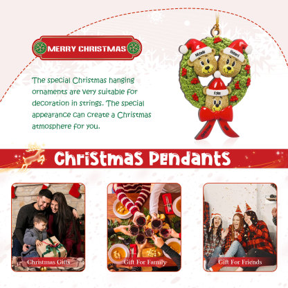Navidad-Ornamentos Navideños de Madera Guirnalda y osos 3 Nombres con 2 Textos Personalizados