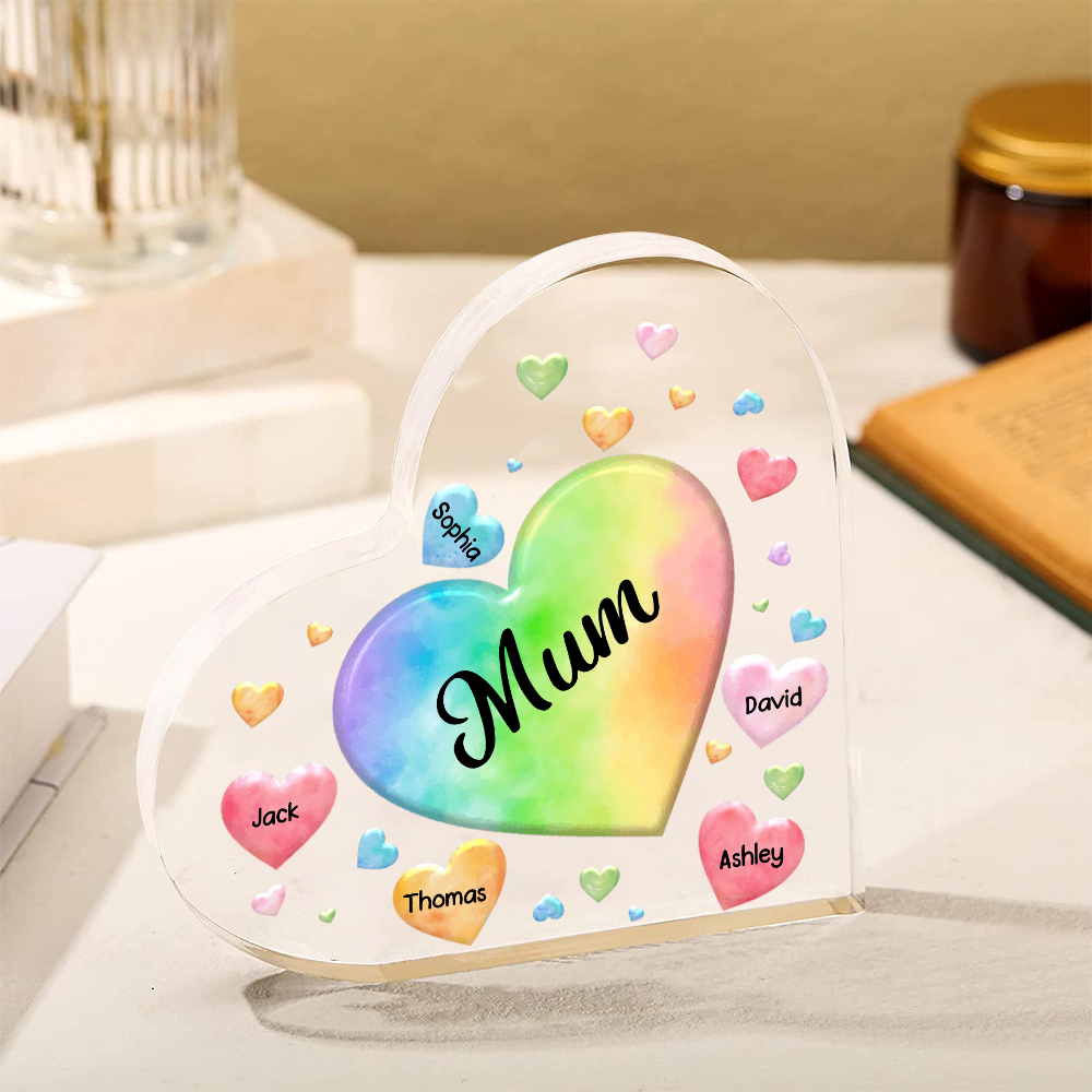 A mi mamá/abuela-Placa de acrílico "Corazones" en forma de corazón 5 nombres y 1 texto personalizados-Jessemade ES
