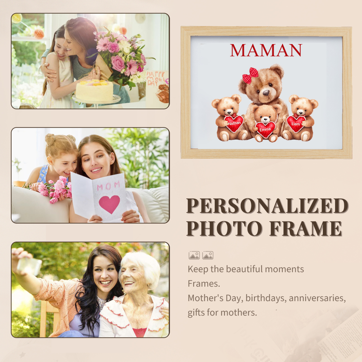 Marco con LED Familia de Osos 1-4 Nombres Personalizados con 1 Texto-Jessemade ES