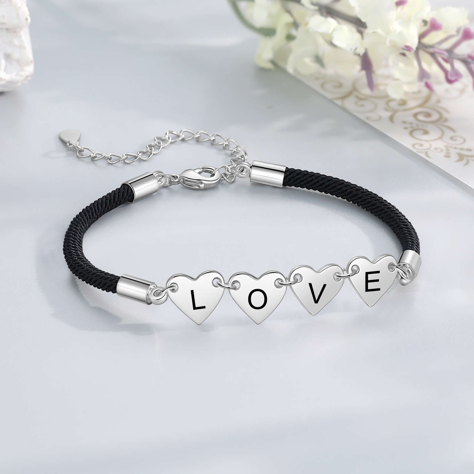 Pulsera de cuerda con dije de corazón 1-4 letras personalizadas-Jessemade ES
