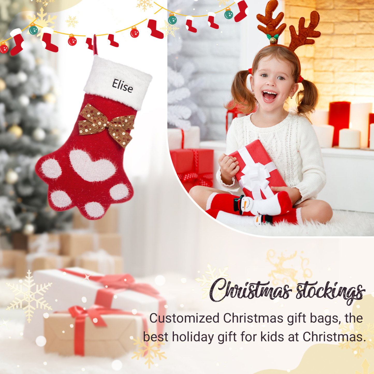 Adornos de medias navideñas en forma de pata Bolsa de regalo 1 Nombre personalizado-Jessemade ES