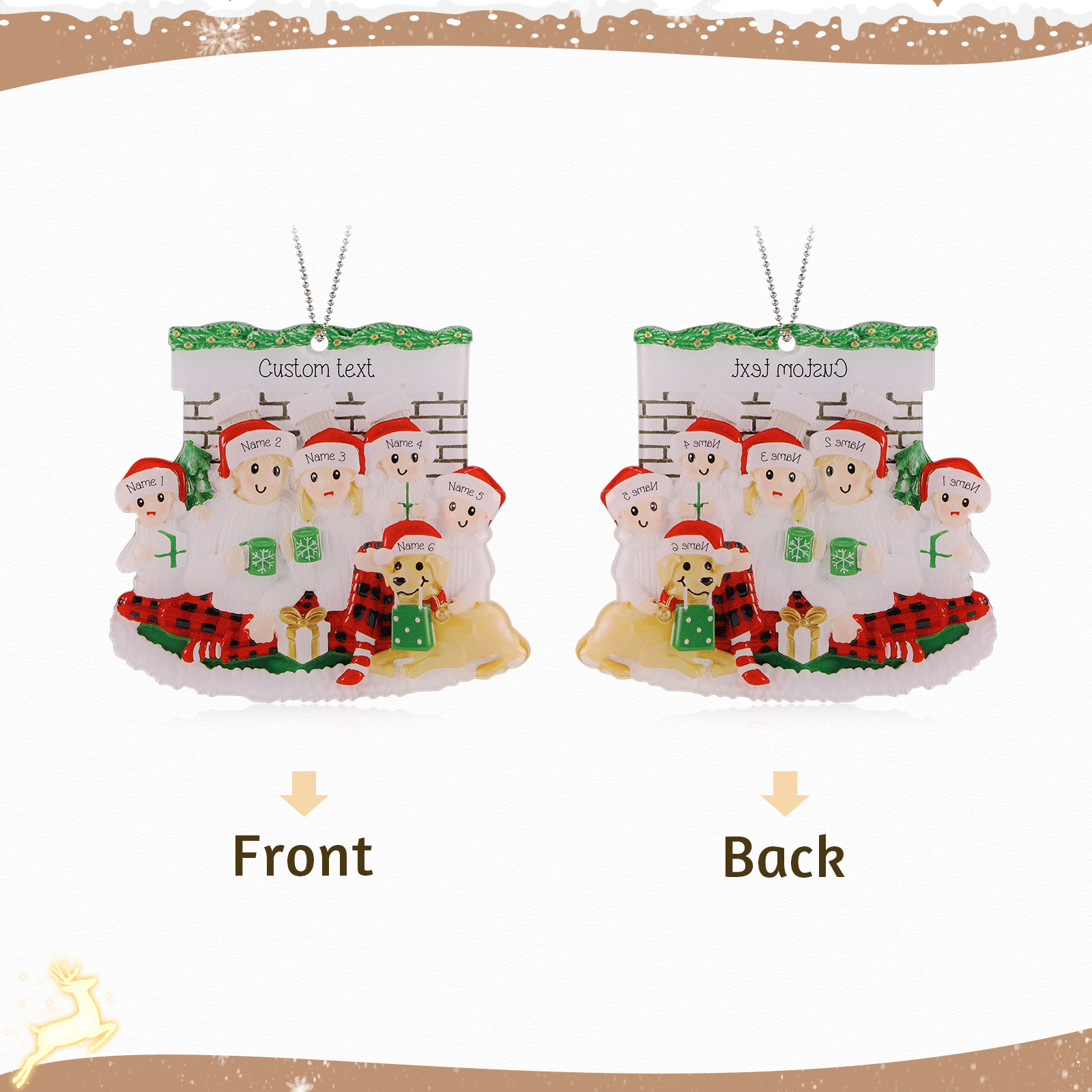 Navidad-Muñecos Ornamentos Navideños Familia con Perro 6 Nombres y Texto Personalizados