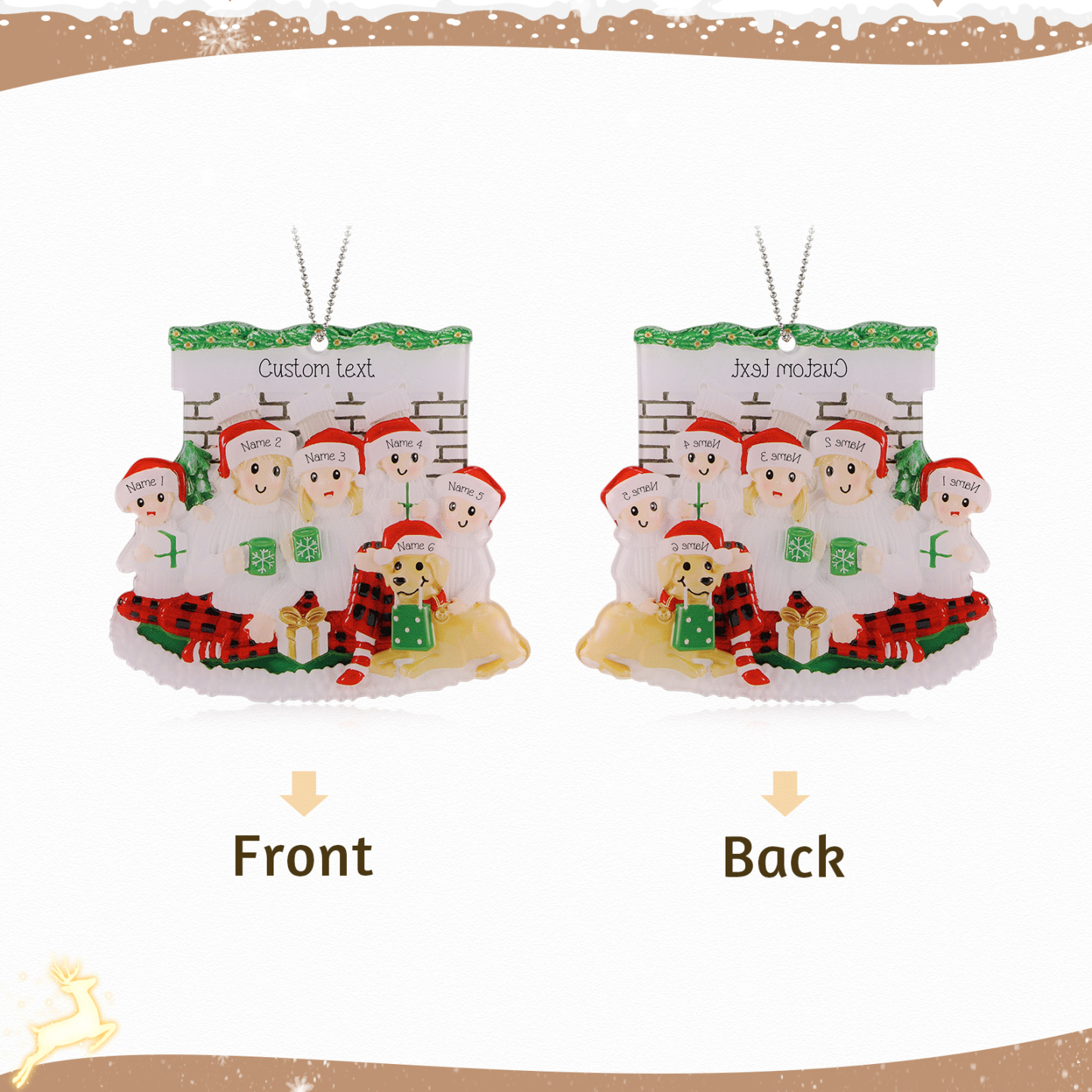 Navidad-Muñecos Ornamentos Navideños Familia con Perro 6 Nombres y Texto Personalizados