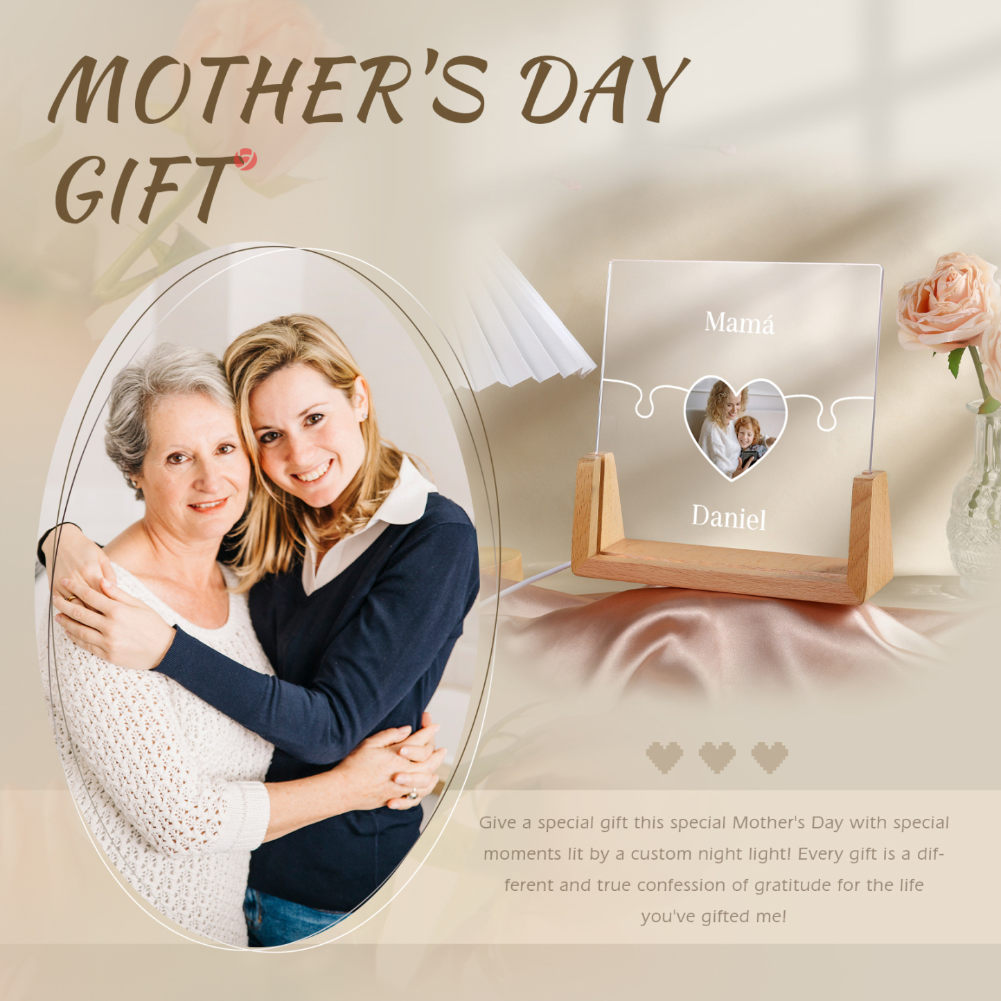 A mi mamá/abuela-Lámpara Personalizada con 2-7 Nombres y Foto "rompecabezas" 3D Ilusión Luz de Noche-Jessemade ES