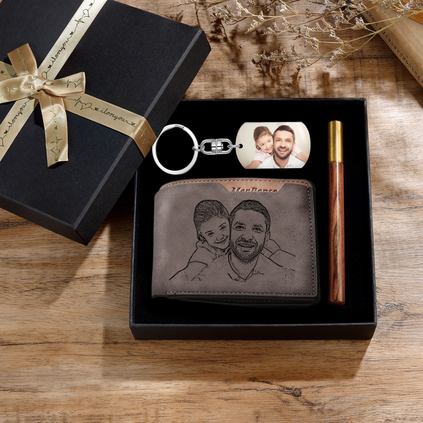 Kit de regalo-Llavero, cartera y bolígrafo con fecha y texto personalizados con 2 fotos para hombre-Jessemade ES