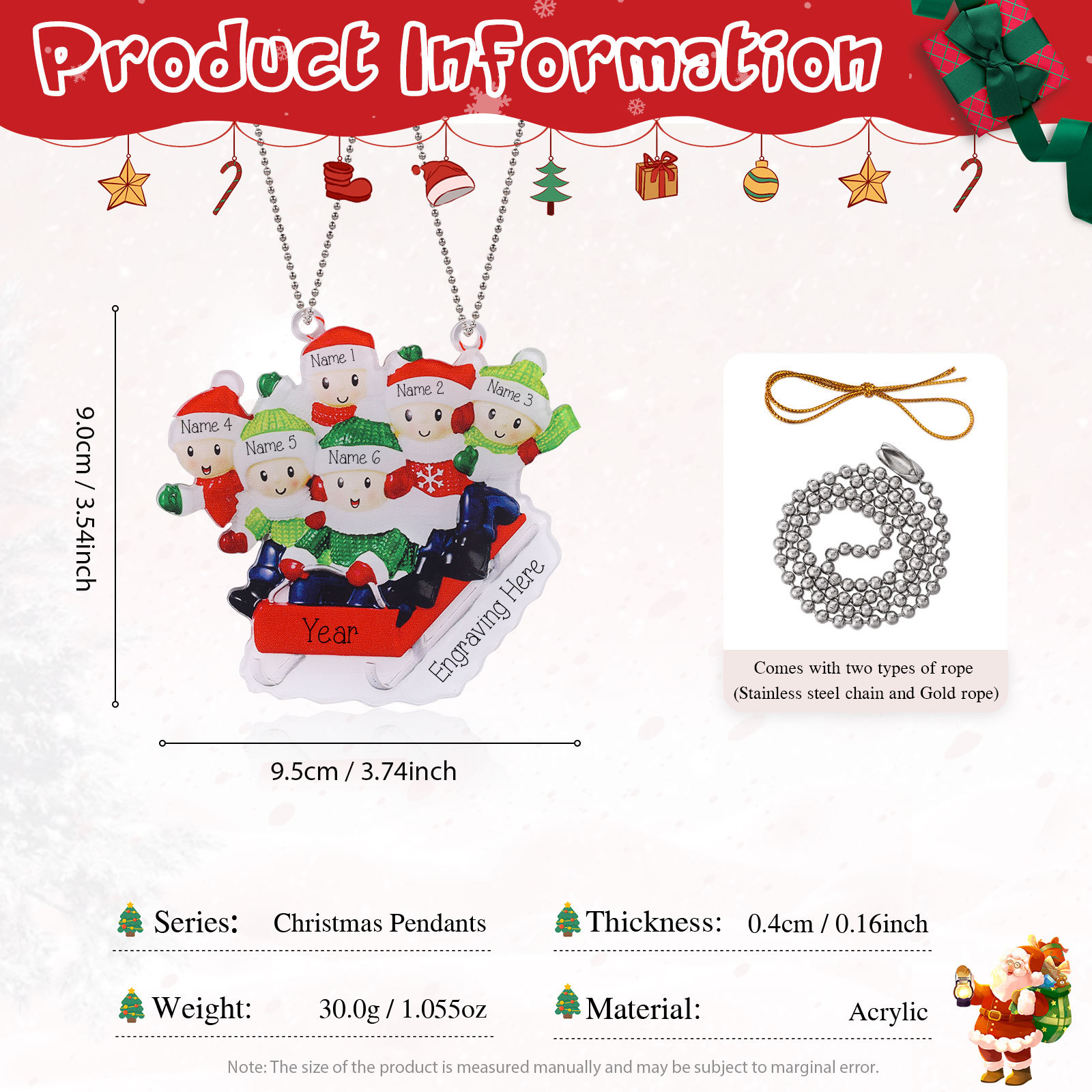 Navidad-Ornamentos Navideños de Acrílico Carro de Esquí 6 Nombres con Texto y Año Personalizados