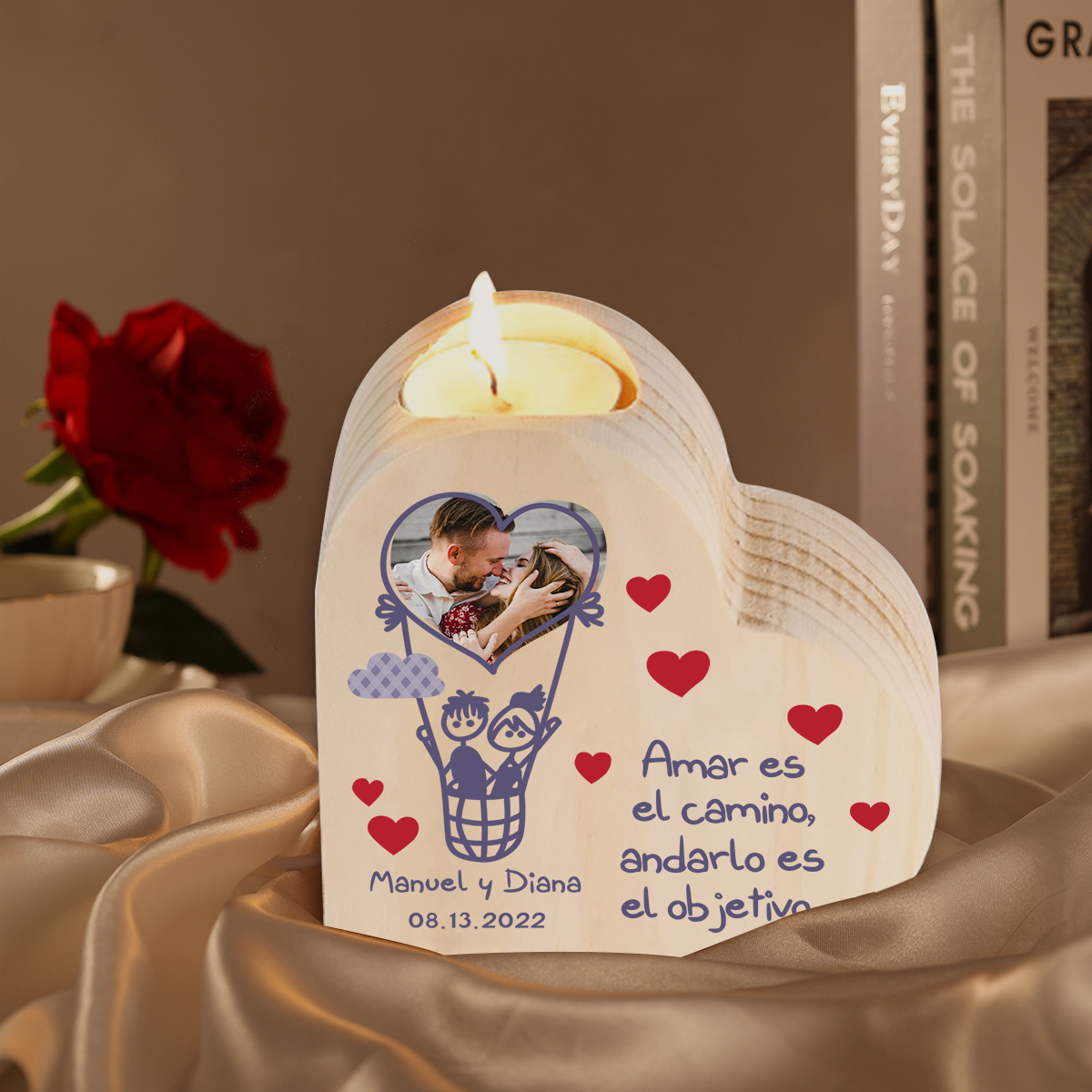 Candelero de madera globo aerostático para pareja sin vela personalizado con 2 nombres, fecha y foto-Jessemade ES