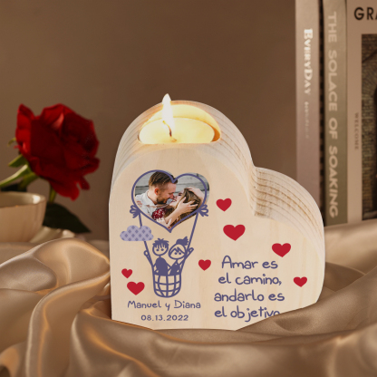 Candelero de madera globo aerostático para pareja sin vela personalizado con 2 nombres, fecha y foto-Jessemade ES