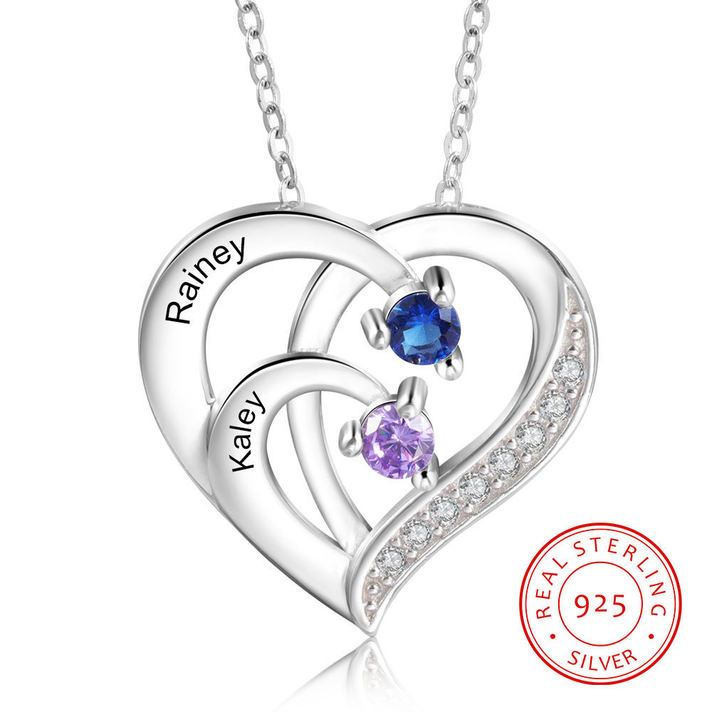 Collar de corazón de plata 925 con 2 nombres y 2 piedras de nacimiento personalizados-Jessemade ES