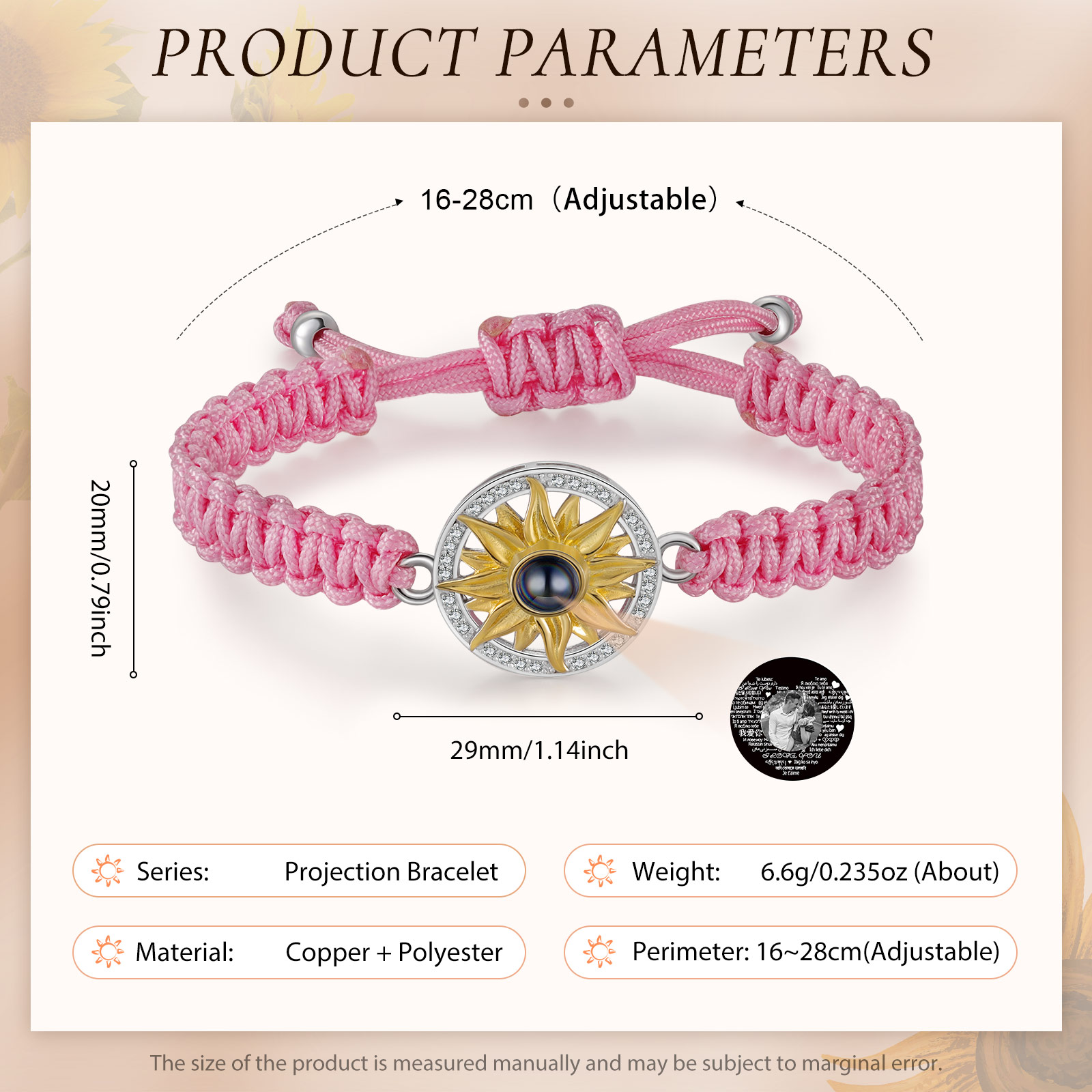 Pulsera con proyección de foto con dije de girasol cuerda rosa-Jessemade ES
