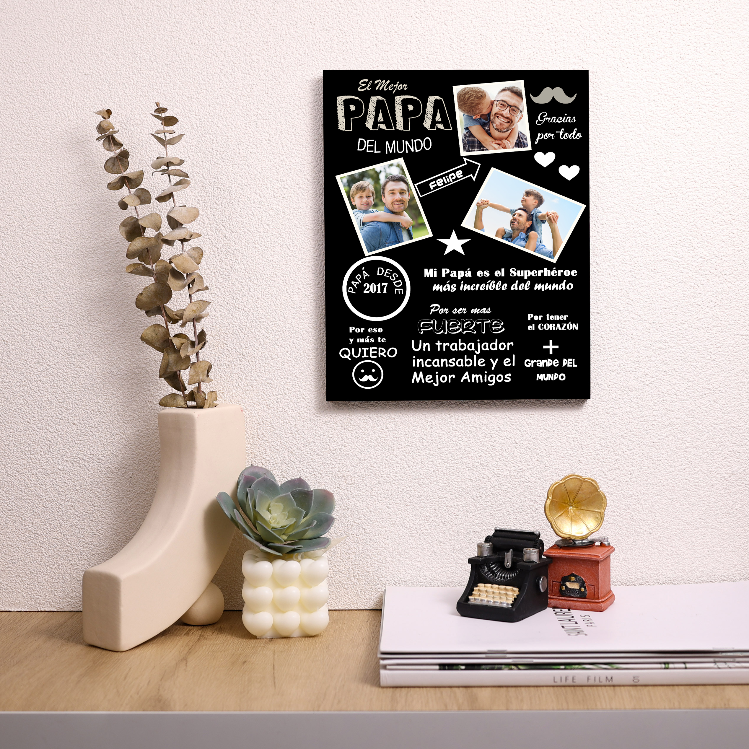 A mi papá - Lámina marco de madera 1 nombre y 1 año personalizados con 3 fotos-Jessemade ES