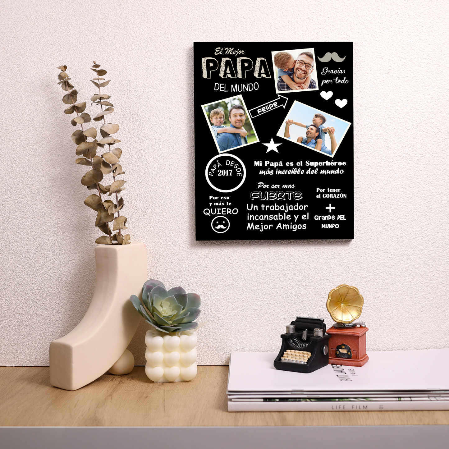 A mi papá - Lámina marco de madera 1 nombre y 1 año personalizados con 3 fotos-Jessemade ES