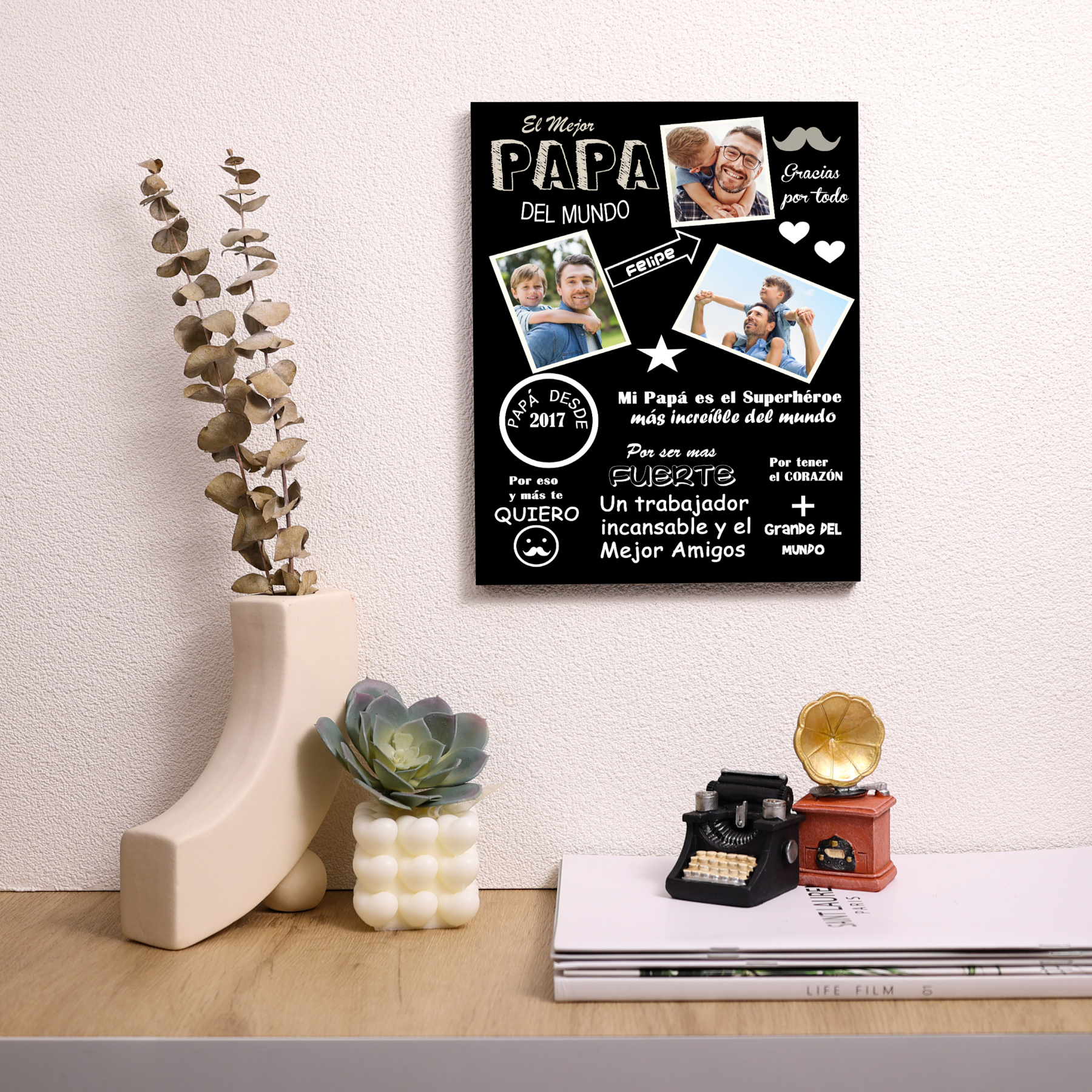 A mi papá - Lámina marco de madera 1 nombre y 1 año personalizados con 3 fotos-Jessemade ES