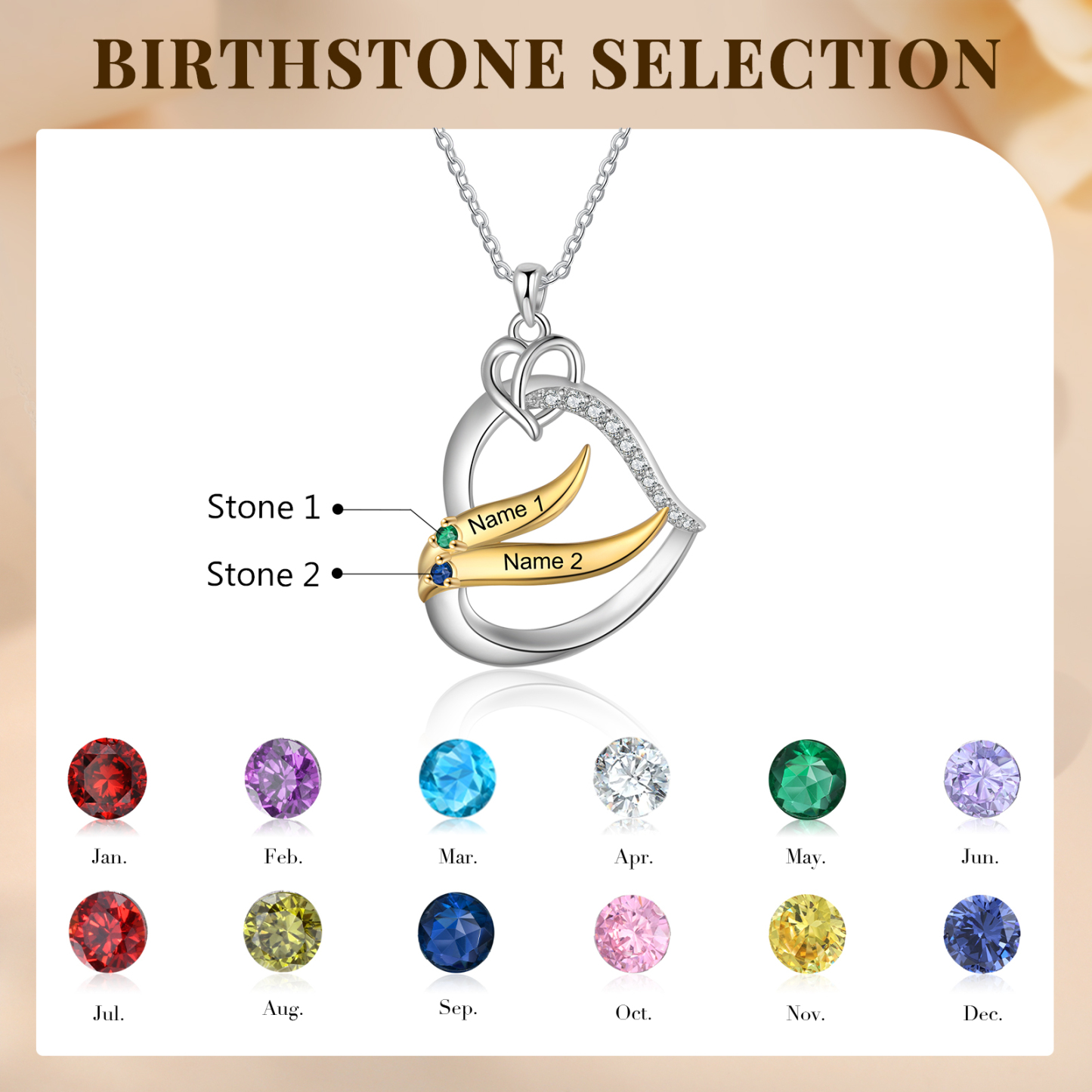 Collar en corazón con 2-5 nombres personalizados y 2-5 piedras de nacimiento-Jessemade ES
