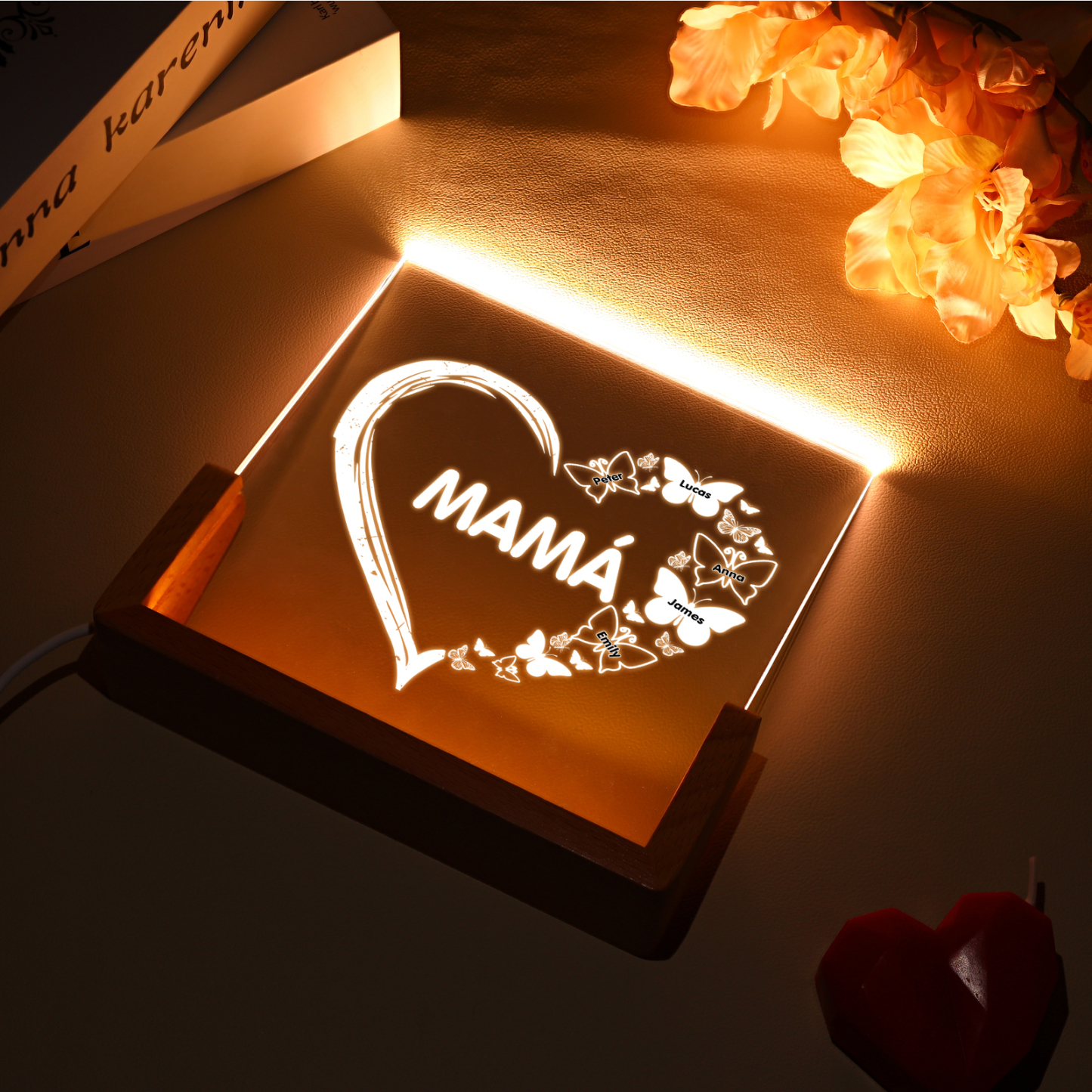 A mi mamá/abuela-Lámpara Personalizada con 2-8 Nombres y 1 Texto "corazón y mariposas" 3D Ilusión Luz de Noche-Jessemade ES