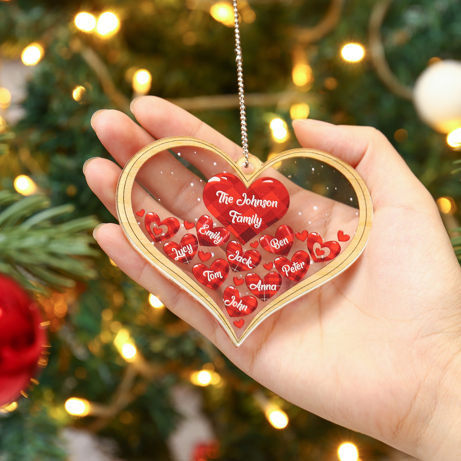 Navidad-Ornamento navideño de acrílico corazones con 8 nombres y 1 texto personalizados