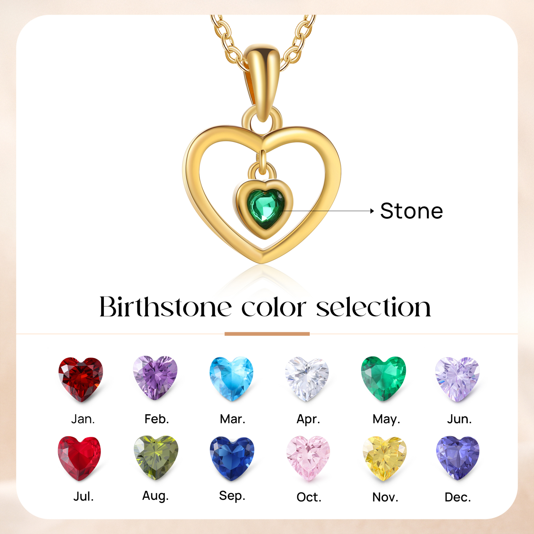 Collar de corazón con 1 piedra de nacimiento personalizada-Jessemade ES