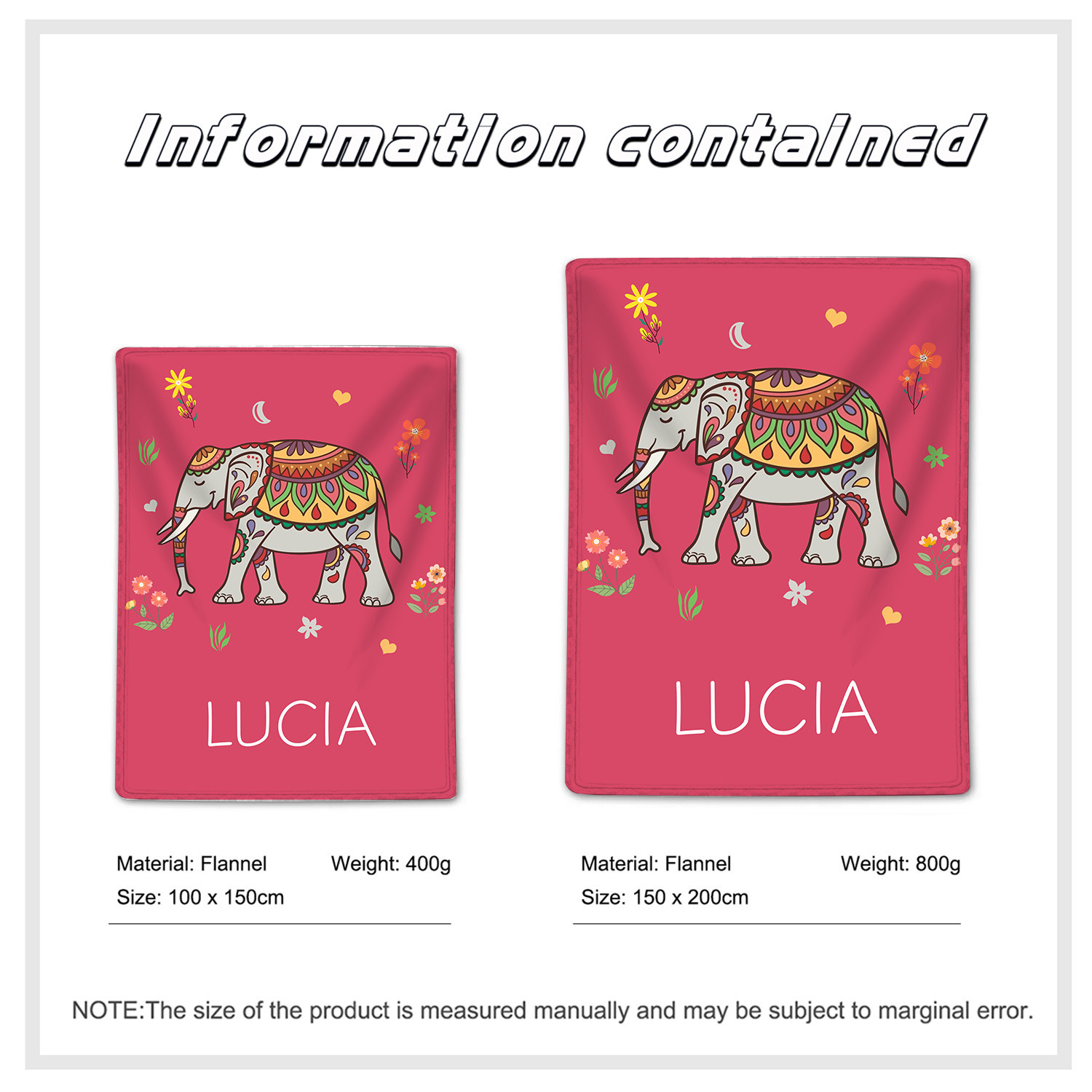 Manta de buen calidad con Elefante personalizada con 1 nombre-Jessemade ES