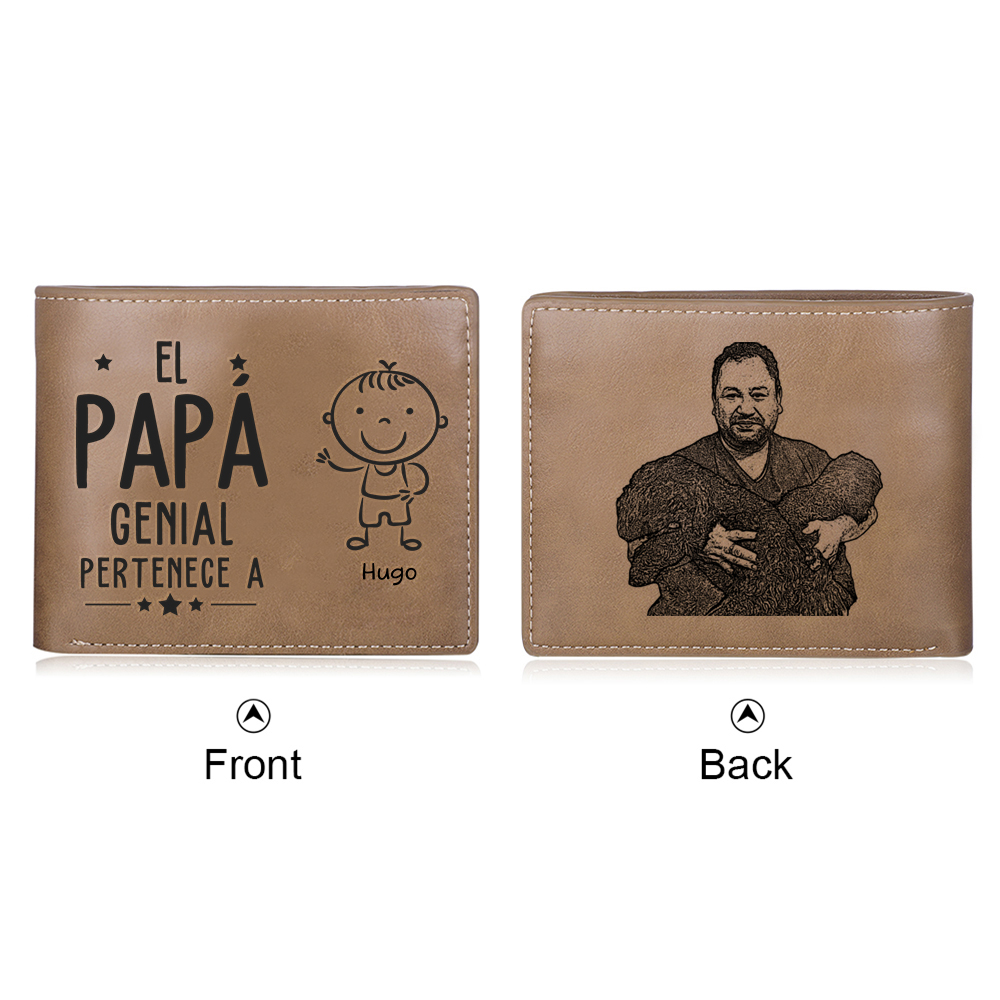 Cartera, billetera clásica 1-5 nombres personalizados con palo de niñ@ y una foto para papá-Jessemade ES