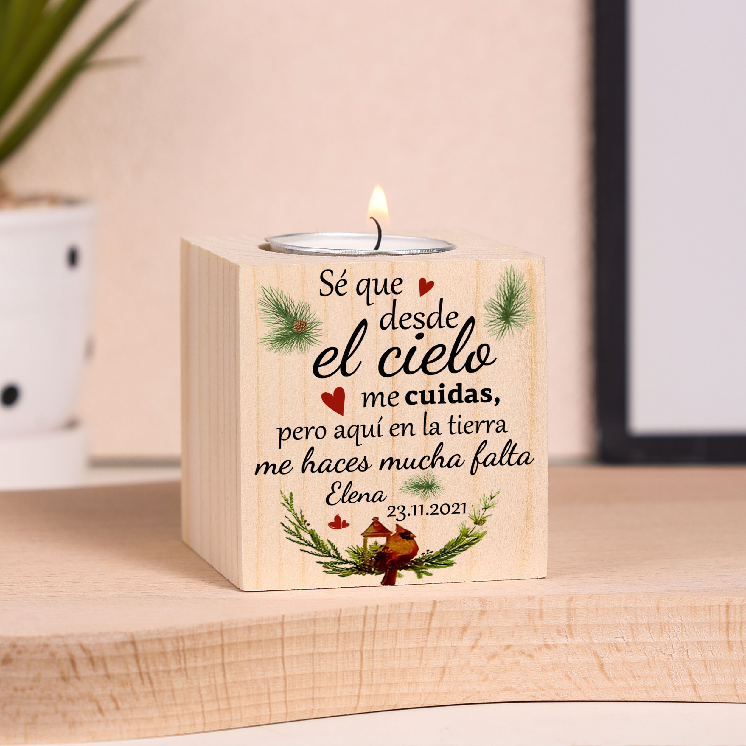 Navidad en el paraíso-Candelero en memoria de ser querido personalizado con nombre y fecha de madera sin vela-Jessemade ES