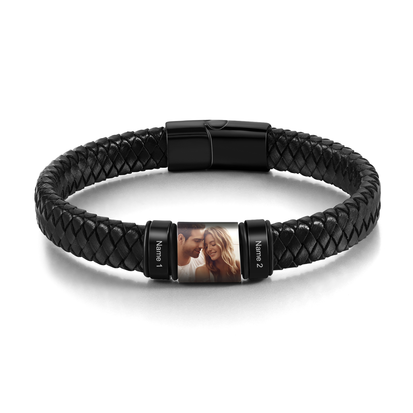 Pulsera de Cueros Trenzados Aros Personalizados de 2-4 Nombres y Placa de Foto-Jessemade ES