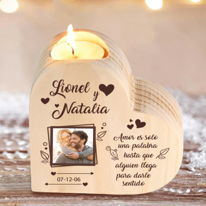 Candelero de madera con foto para pareja sin vela personalizado con texto y fecha-Jessemade ES