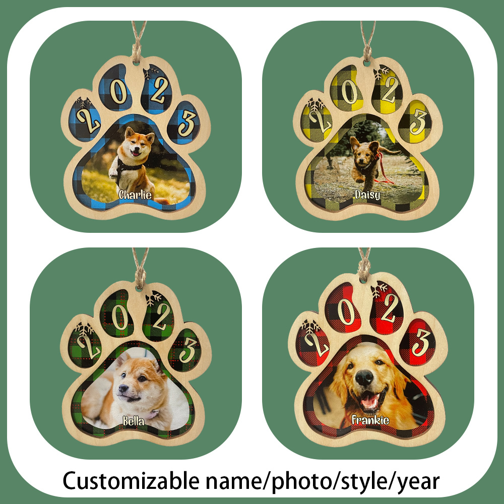 Navidad-Ornamento navideño de madera pata de perro con 1 nombre y 1 foto personalizados