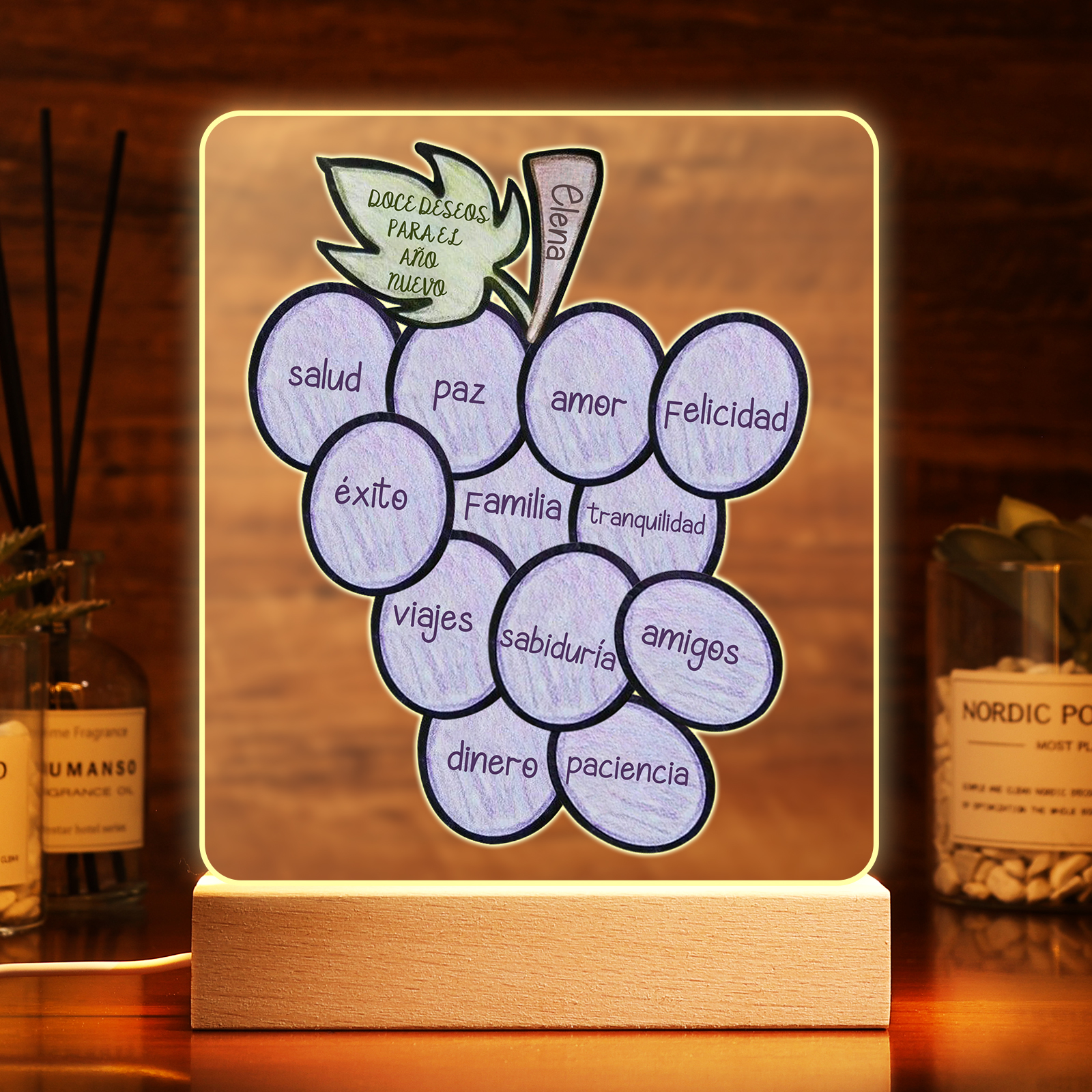 Navidad-Lámpara Luz de Noche LED Año Nuevo Doce Uvas Doce Deseos con Nombre Personalizado-Jessemade ES